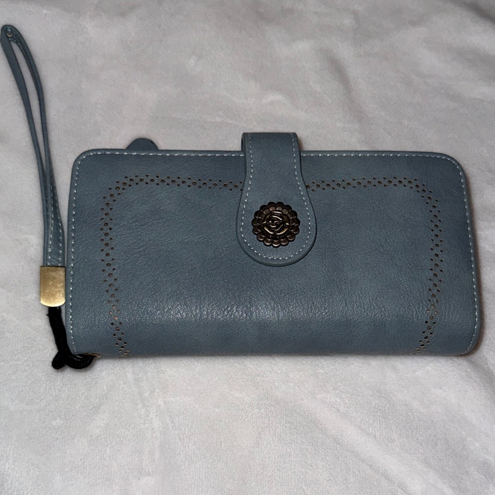 Women's Blue Wristlet Wallet with Decorative Flower Snap